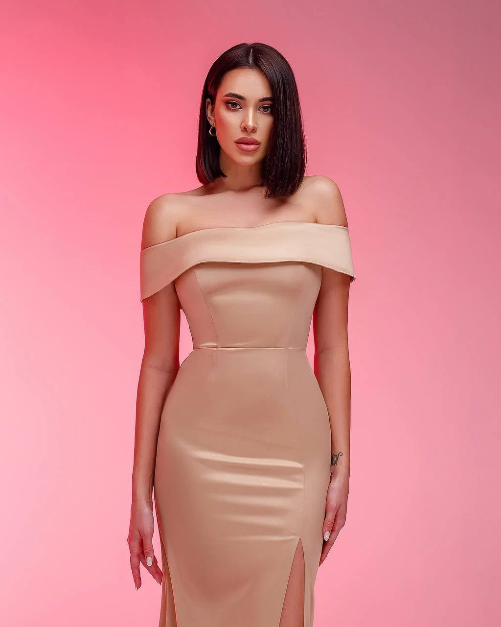 Satin Cream Dress Shoulders Off